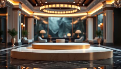 Empty white marble display podium in a luxurious hotel lobby. Elegant, upscale concept with copy space for product placement.