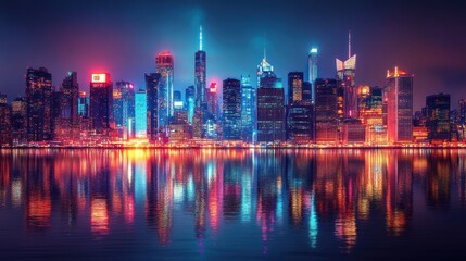 Obraz premium Neon Nightscape: Manhattan Skyline Reflection