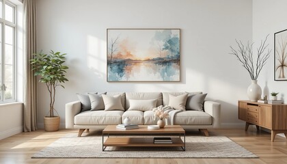 Serene living room design with nature-inspired watercolor art, neutral sofa, and natural wood furniture for a calming atmosphere.