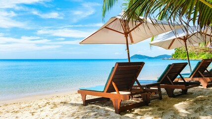 Relaxation awaits at Koh Samet Islands pristine beach where sunbeds with umbrellas invite visitors to enjoy the tranquil turquoise ocean. The sun-drenched shores offer a perfect getaway.