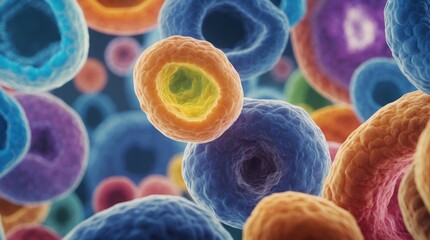 A mesmerizing microscopic view of cells. The colorful, round structures suggest cellular life under extreme magnification. Dynamic and vibrant.