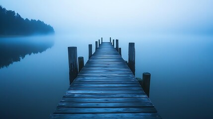 Fototapeta premium Old wooden pier on calm lake, fog rising, dawn
