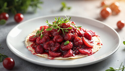 Delicious cherry chutney served on white plate, garnished with fresh herbs