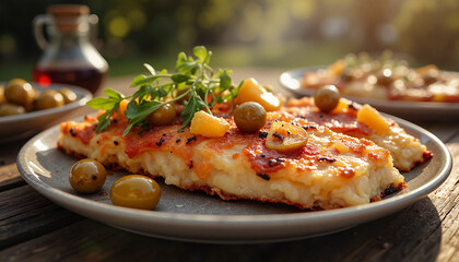 Delicious cod piccata topped with olives and herbs served outdoors on a sunny day