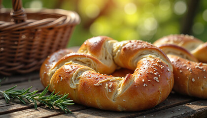 Freshly baked Austrian pretzel arranged on wooden table with basket and rosemary
