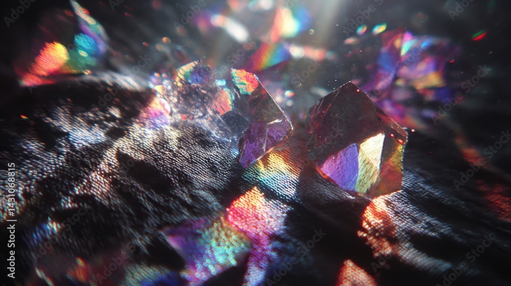 Poster abstract image of iridescent crystals on a dark textured surface with light effects.