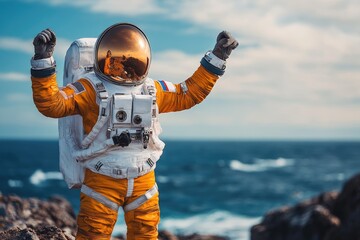 An astronaut celebrates with arms raised against the ocean backdrop