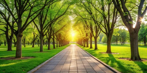 A sunlit pathway meanders through a vibrant, verdant park, lined with majestic trees casting long shadows on the lush green grass, creating a serene and tranquil atmosphere.