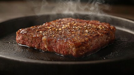 Steak being cooked in a skillet with sizzling sounds and aromas filling the air perfect for culinary photography