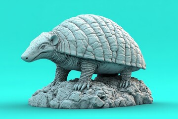 Fototapeta premium Gray prehistoric armored mammal figurine on a rocky outcrop.