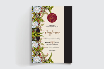 WEDDING INVITATION FRAME WITH FLOWER DECORATIONS AND FRESH LEAVES