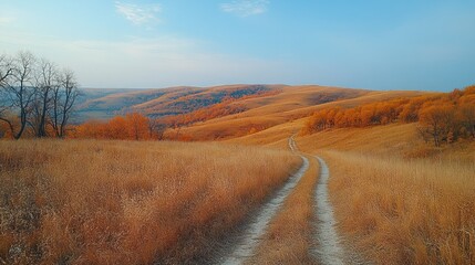 Fototapeta premium Autumnal country road through golden fields