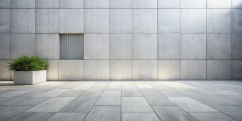Modern architectural scene minimalist concrete wall, tiled floor, and potted plant