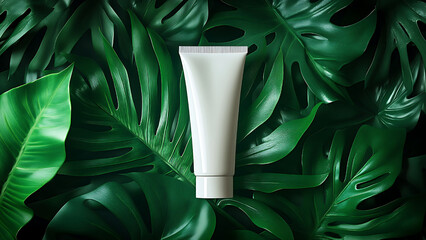 White tube containing skincare products sits amidst bright green monstera leaves.