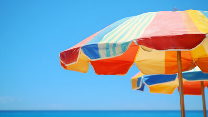 Colorful beach umbrellas, arranged in a row. This summer scene evokes feelings of relaxation and vacation.