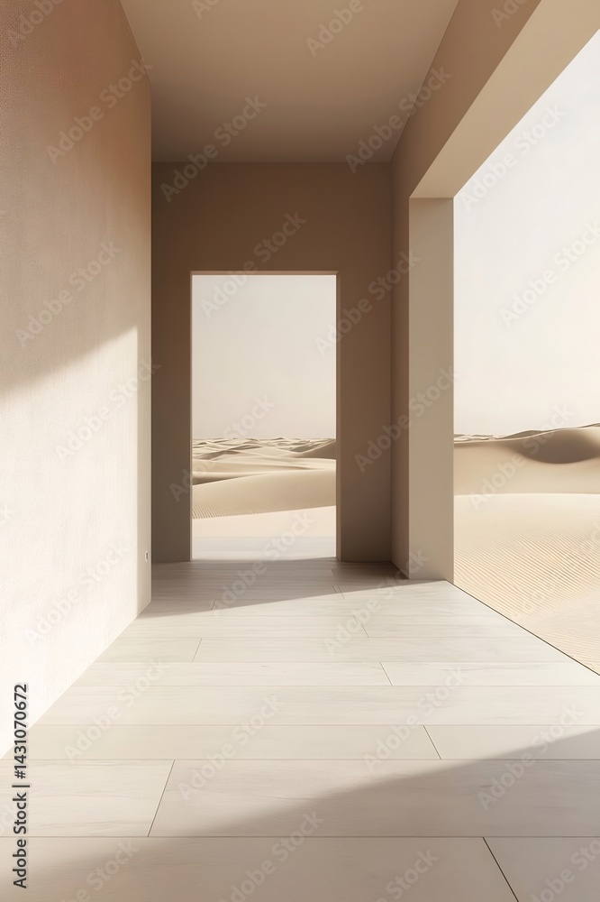 Poster 砂漠に面した建築物の入り口から見える砂丘の風景 暖色系の色合いと光のコントラストが美しい空間