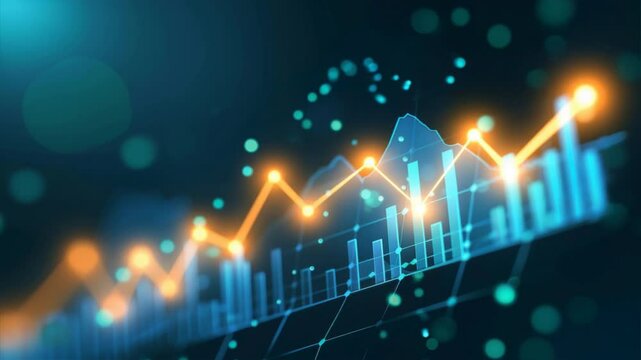 Dynamic digital graph with fluctuating lines and bars, symbolizing data analysis and business growth.