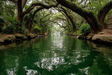 Obraz premium Serene Canopy: A Tranquil River Flows Through a Lush, Tree-Enveloped Landscape