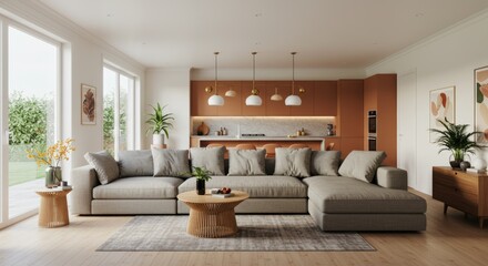 Obraz premium A wide angle view of a modular sectional sofa in a bright, airy room with open-plan kitchen in the background. 