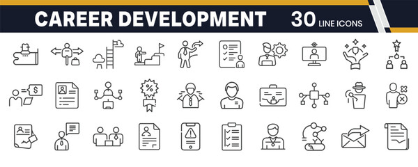 Career Development and Job Search Icons – Resume, Hiring, Growth, and Opportunity Line Icon Collection