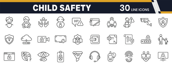 Child Safety and Online Protection Icons – Kids Security, Internet Monitoring, and Digital Parental Control Line Icon Set