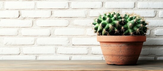 Potted cactus on wood, brick background