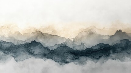 Abstract watercolor painting of mountains with fog in muted colors on white.