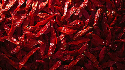 A pile of dried red chilies. The chilies come in various sizes and shapes.