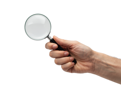 A hand holding a magnifying glass, perfect for investigating or examining something with clarity.
