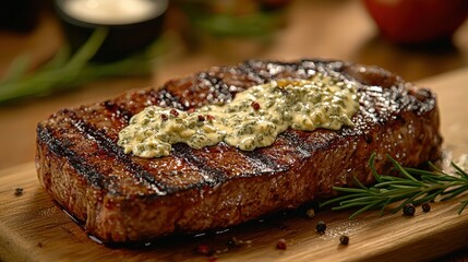 Delectable steak on a wooden cutting board with rich gorgonzola cream sauce ready to impress food lovers in photography