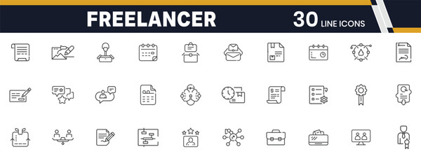 Freelancer Tools and Gig Work Icons – Remote Jobs, Productivity, and Digital Work Essentials Line Icons