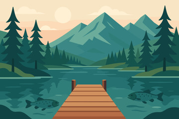 The scene depicts a tranquil mountain lake with a dock, surrounded by fish, pine trees, and majestic peaks © MaxB