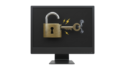 Isolated Computer Monitor Displaying Broken Security Lock with Key