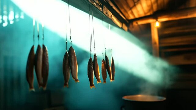 Traditional smoked fish dangles from hooks inside a rustic smokehouse, surrounded by thick, aromatic smoke. The salted seafood is being prepared with care for a fresh market offeri