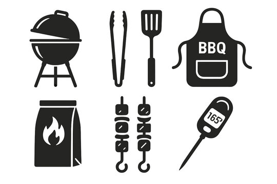 Essential icons for outdoor cooking include a grill and tongs