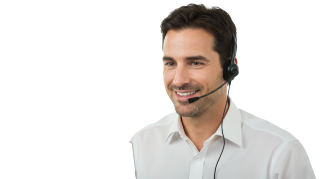 A smiling customer service representative with a headset offers friendly support, isolated.