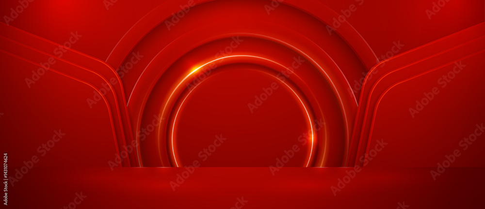 Poster red background presentation with glowing arches and lines