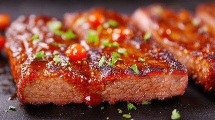 Juicy grilled steak garnished with herbs and a sweet sauce, showcasing a delicious and appetizing meal.
