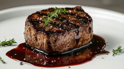 Savory steak arranged on a plate with luxurious red wine balsamic glaze for a delectable culinary delight