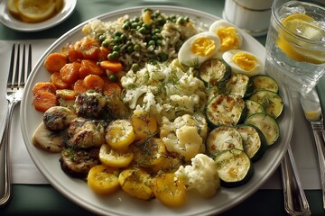 Colorful and Nutritious Vegetarian Plate with Fresh Ingredients and Lemon Garnish