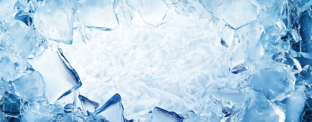 Poster ice texture: close-up view of a pile of crushed ice, featuring sharp, translucent fragments and a co