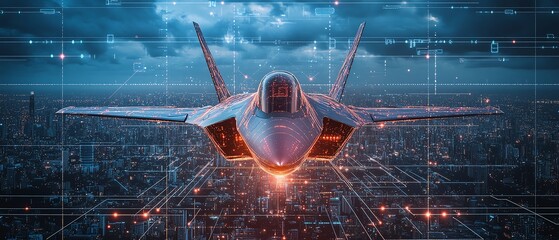 Futuristic jet fighter overlaid with digital network in a city background