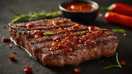 Succulent steak plated elegantly with spicy chili sauce enhancing the visual appeal of a gourmet dish