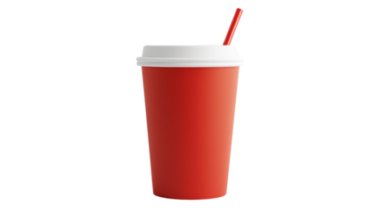 Vibrant Red Disposable Cup with White Lid and Straw, Refreshing Beverage Container for Takeout and On-the-go Use
