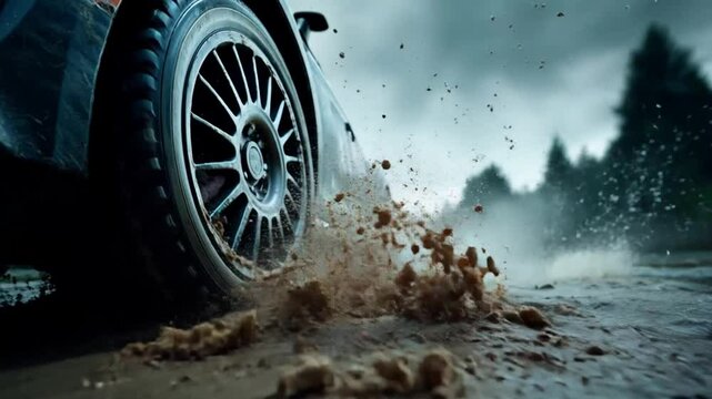 Car tire moves through muddy puddle with splash in slow motion. Smooth lateral movement. 4K.
