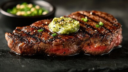 Flavorful steak accompanied by a side of broiled green sauce perfectly plated for a beautiful culinary presentation