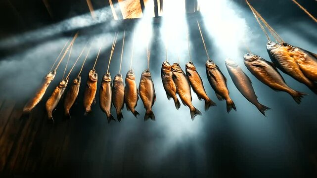 Smoked fish hang from the ceiling of a rustic smokehouse, the thick smoke curling around each fillet. The fish are being carefully smoked to create a flavorful, salted seafood prod