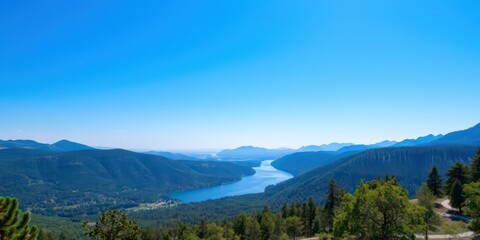 Serene Vista of a Deep Blue Lake Nestled Amongst Lush Green Mountains Under a Brilliant Azure Sky