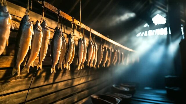 In the heart of a rustic smokehouse, salted fish hang in rows, absorbing the dense smoke and transforming into delicacies. The traditional smoking process is key to preparing fresh