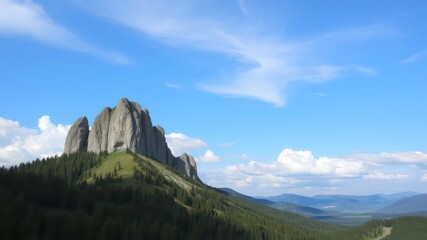 Obraz premium Majestic rock formation, verdant slopes, and a panoramic view of a serene landscape under a brilliant blue sky